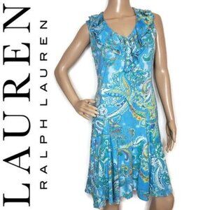 Lauren Ralph Lauren Womens Sleeveless Ruffle V-Neck Paisley Dress M Blue casual